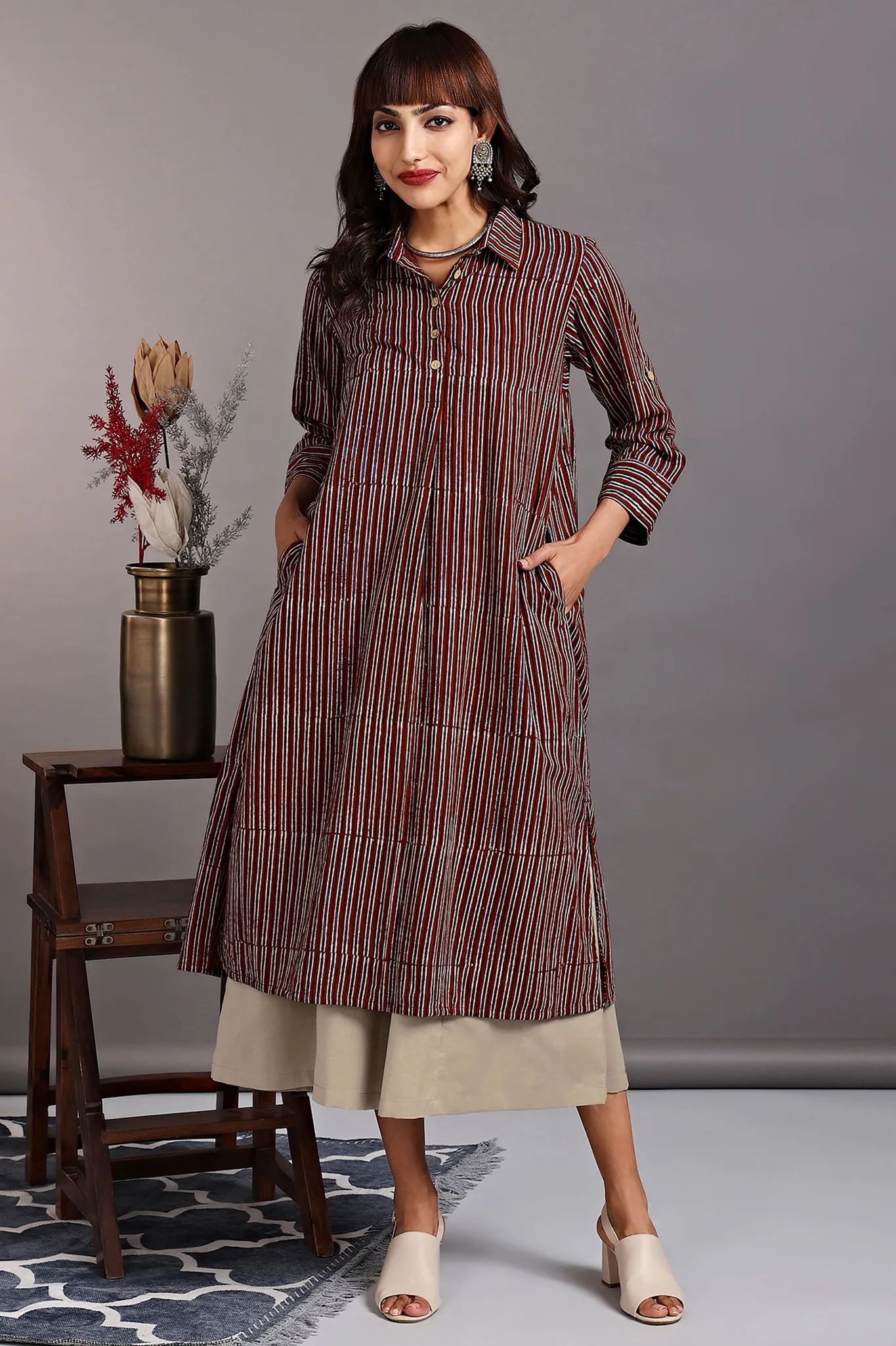 long shirt dress - carnelian red & ebony stripes