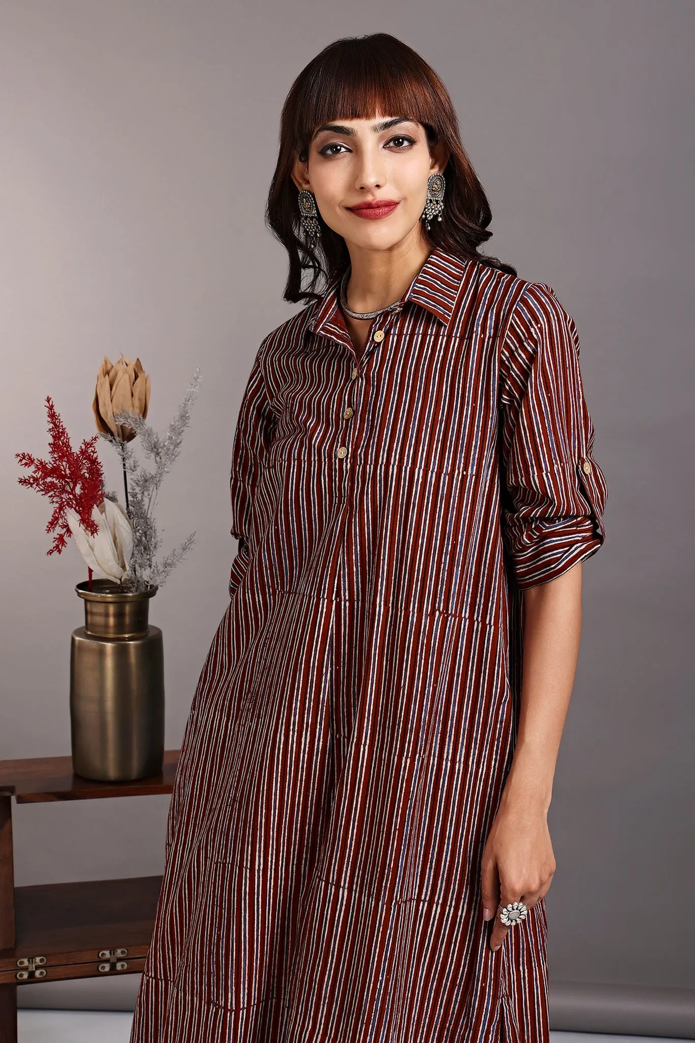 long shirt dress - carnelian red & ebony stripes