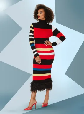 LTQ Knits 17512 Stripe Print Knit Feather Trim Dress