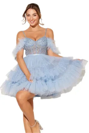 Lucci Lu 4210 Size 12 Blue Short Sheer Corset Homecoming Dress Feather off the shoulder cocktail Dress