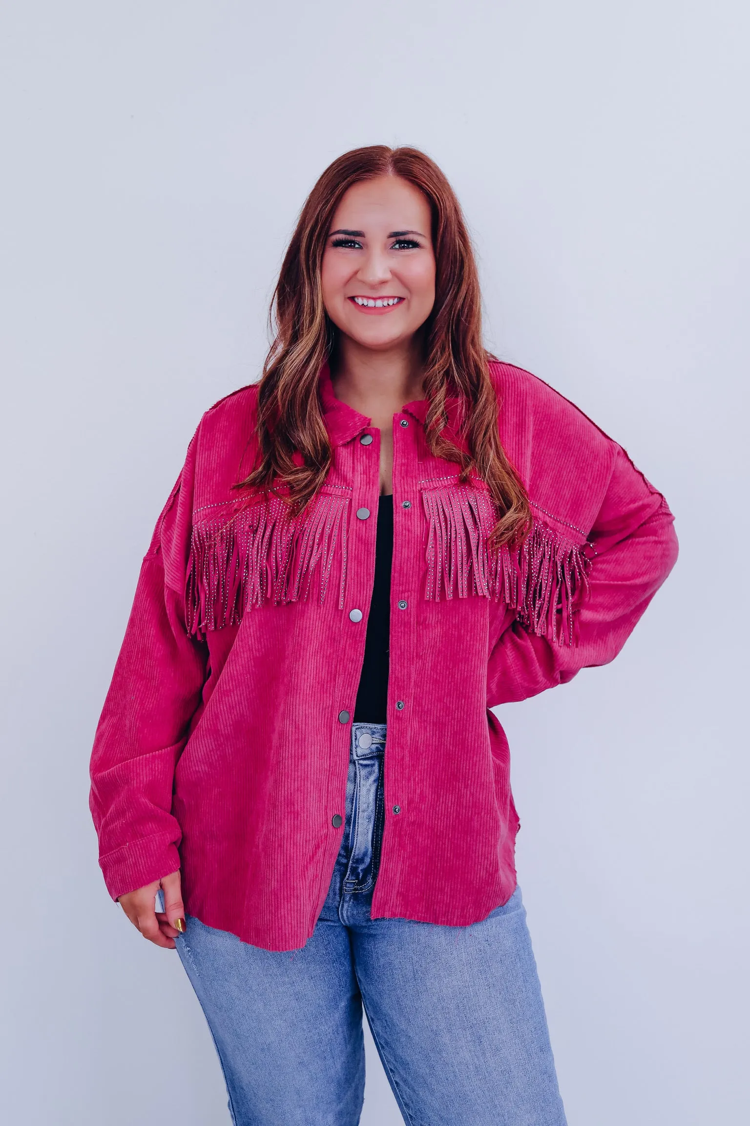 Maggie Micro Corduroy Fringe Shacket - Magenta