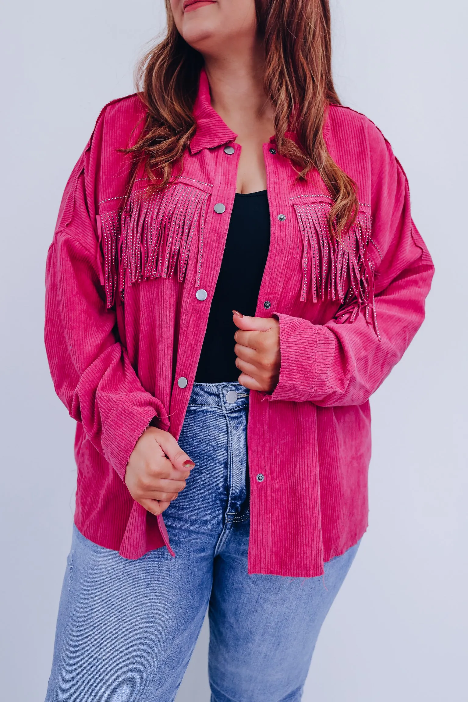 Maggie Micro Corduroy Fringe Shacket - Magenta