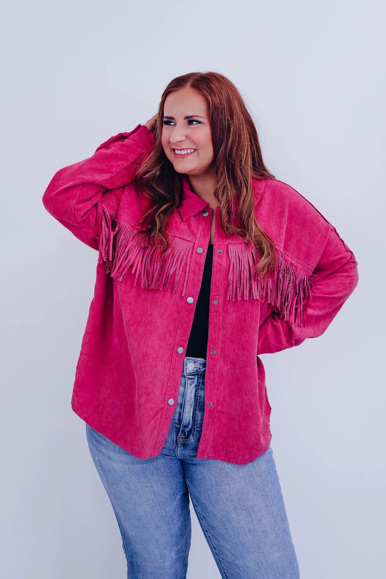 Maggie Micro Corduroy Fringe Shacket - Magenta