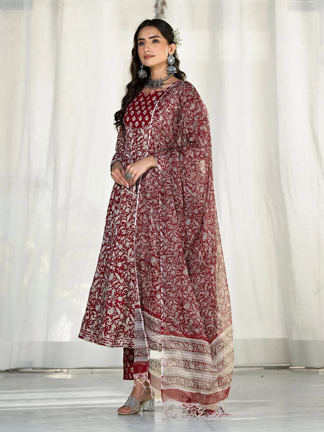 Maroon Floral Printed Anarkali Cotton Kurta Trouser With Dupatta Set