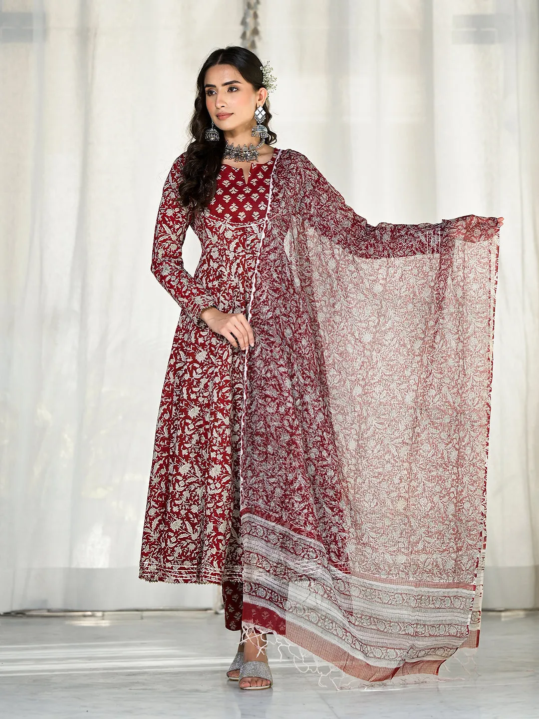 Maroon Floral Printed Anarkali Cotton Kurta Trouser With Dupatta Set