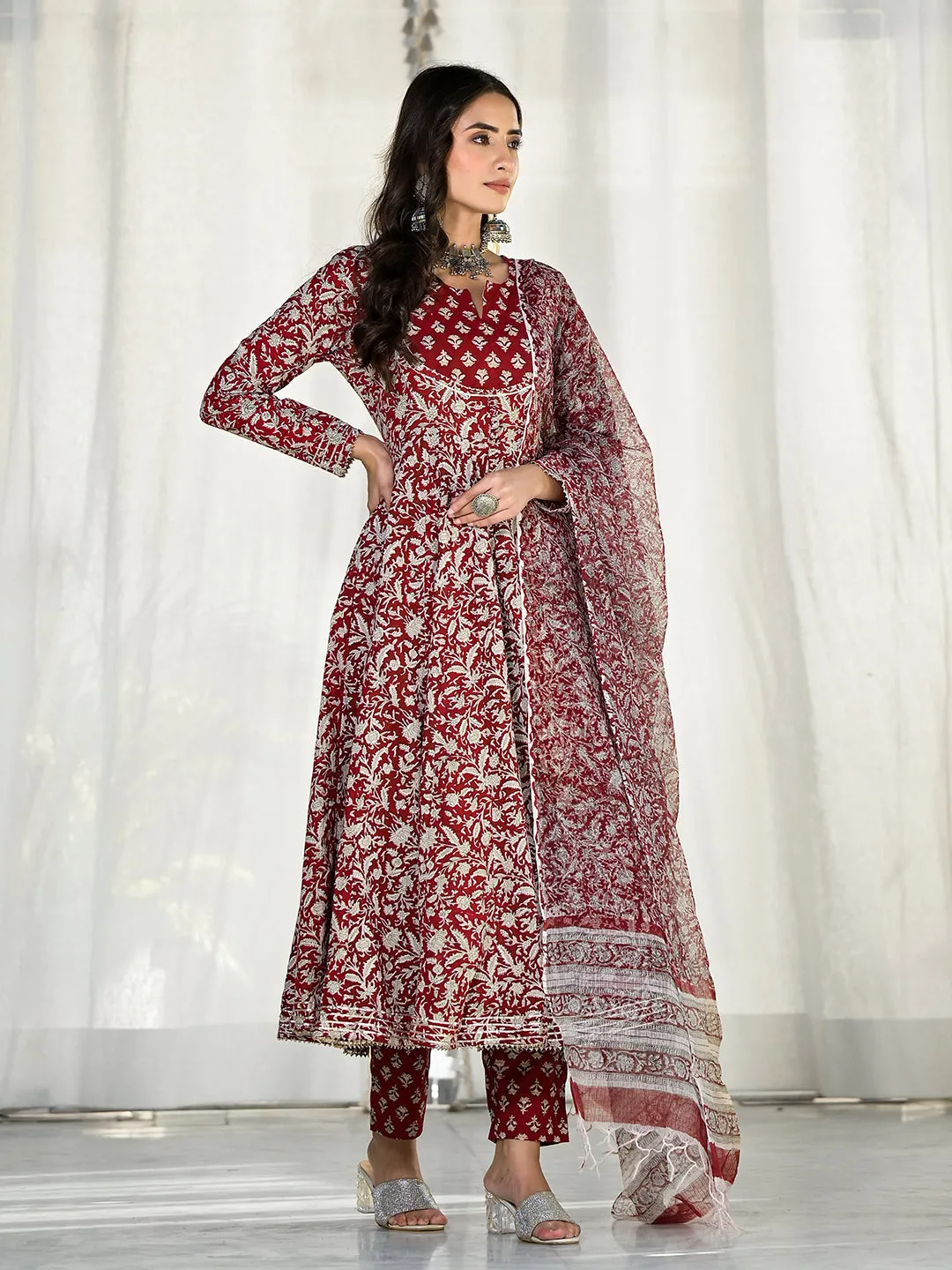 Maroon Floral Printed Anarkali Cotton Kurta Trouser With Dupatta Set