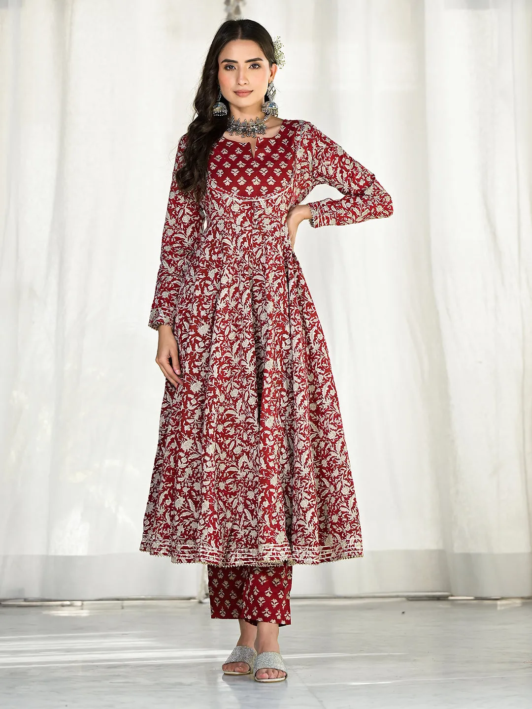 Maroon Floral Printed Anarkali Cotton Kurta Trouser With Dupatta Set