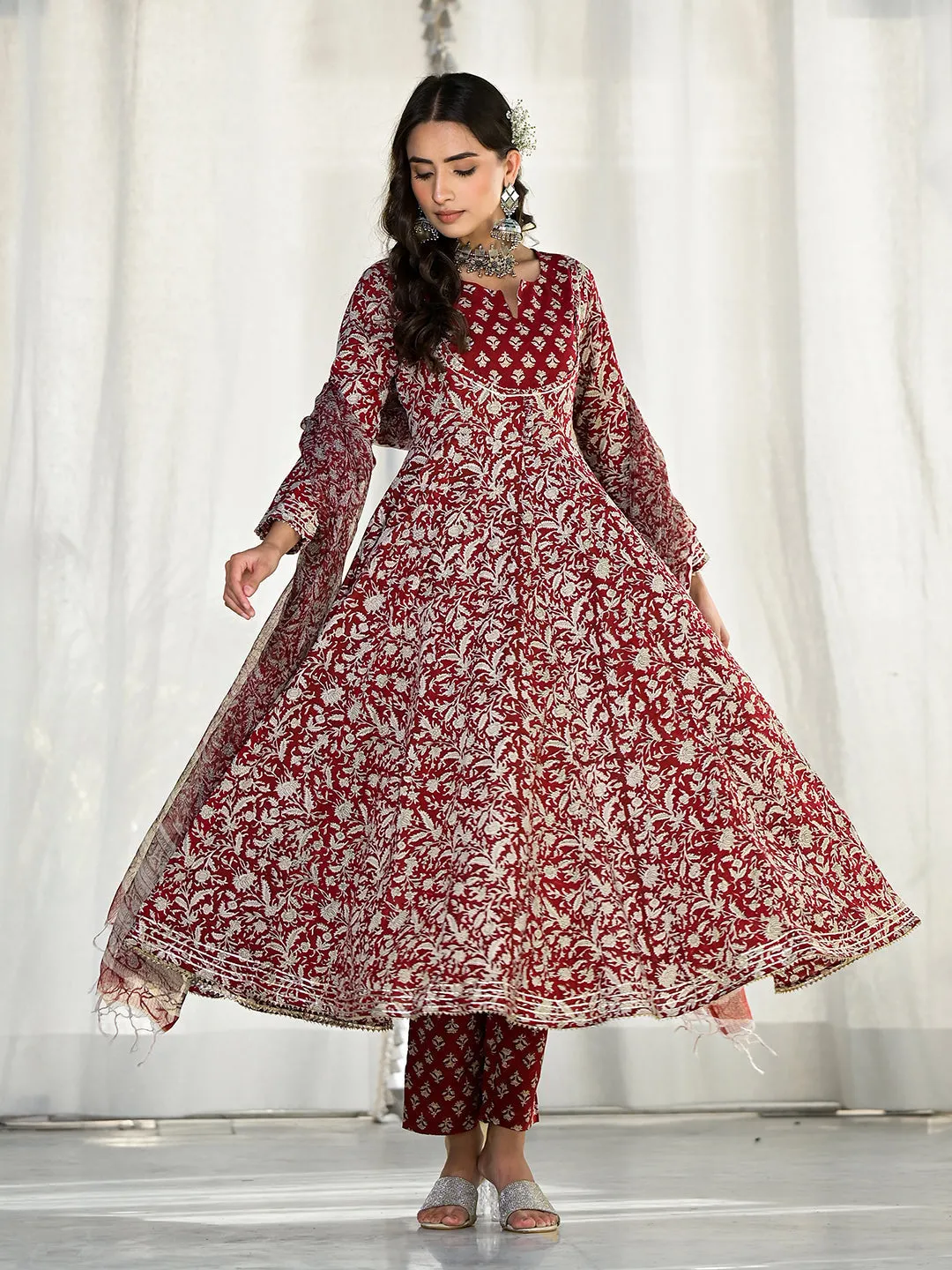 Maroon Floral Printed Anarkali Cotton Kurta Trouser With Dupatta Set