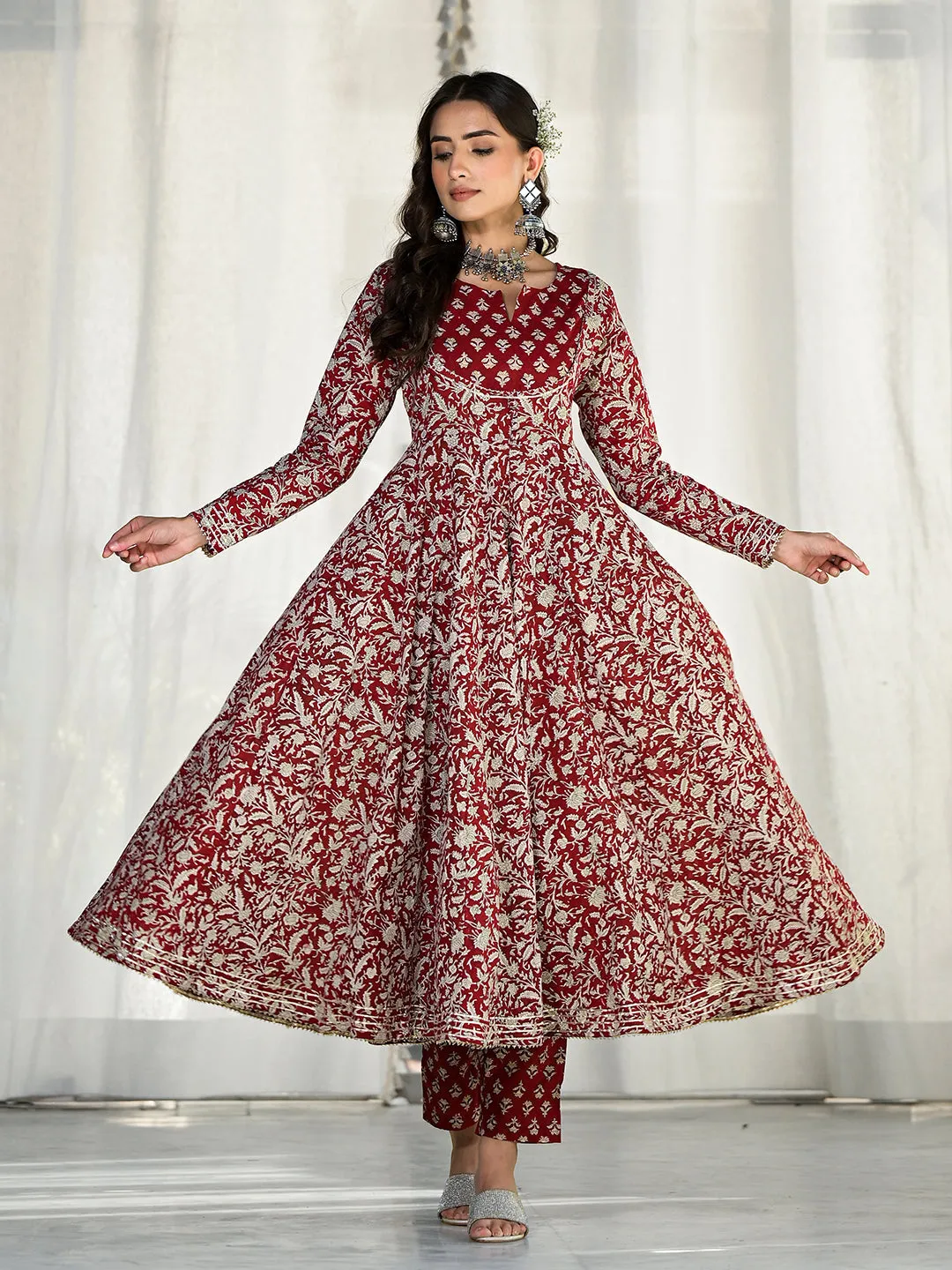 Maroon Floral Printed Anarkali Cotton Kurta Trouser With Dupatta Set