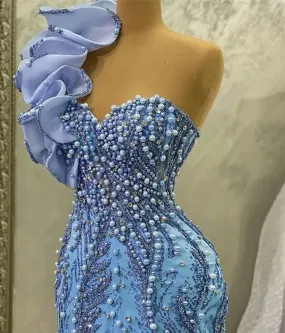 May Aso Ebi One Shoulder Prom Pearls Mermaid Sequined Lace Evening Formal Party Second Reception Birthday Engagement Gowns Dress Robe De Soiree