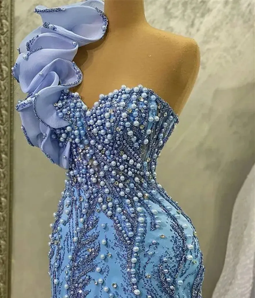 May Aso Ebi One Shoulder Prom Pearls Mermaid Sequined Lace Evening Formal Party Second Reception Birthday Engagement Gowns Dress Robe De Soiree