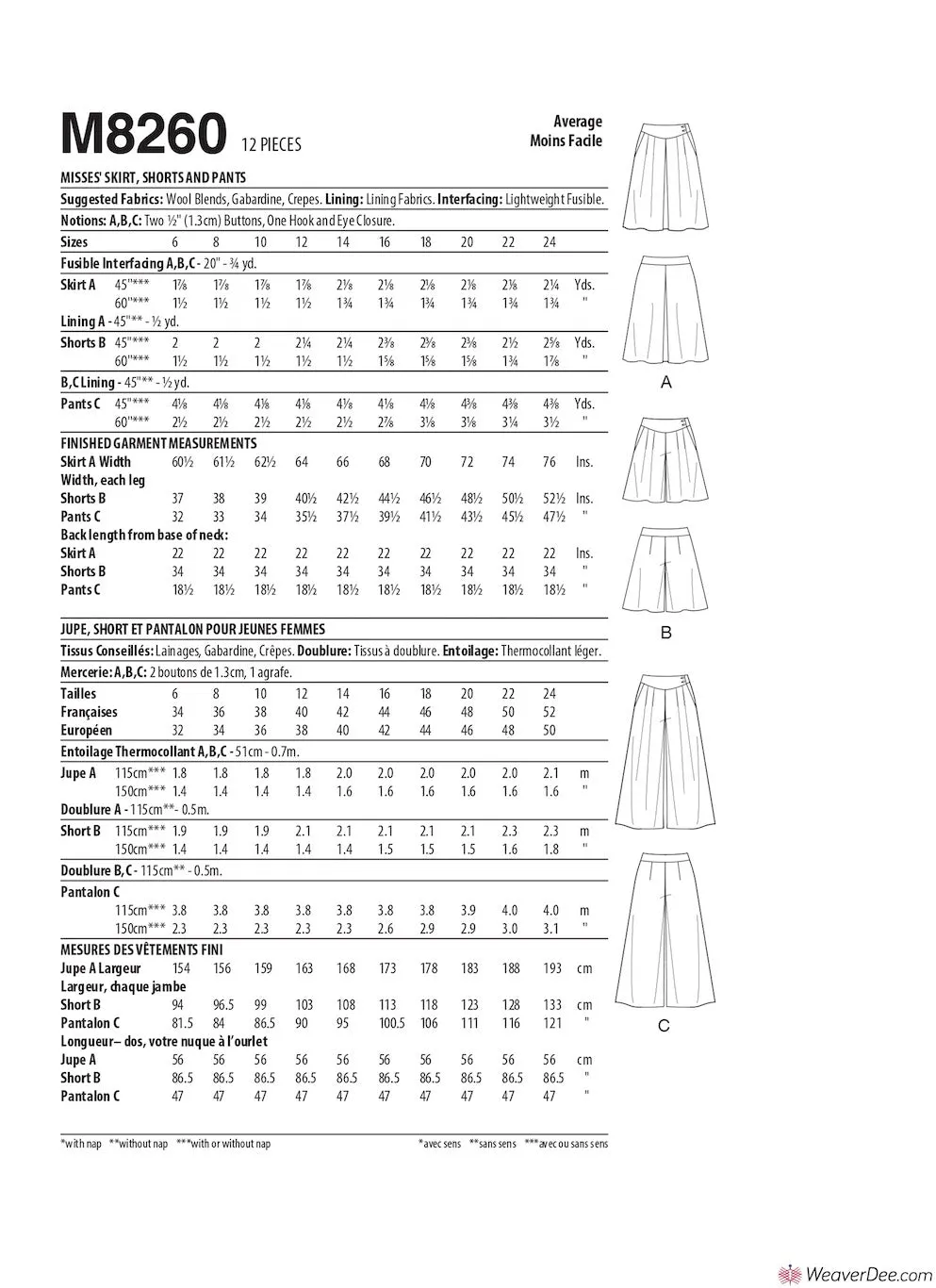 McCall's Pattern M8260 Misses' Skirt, Shorts & Trousers