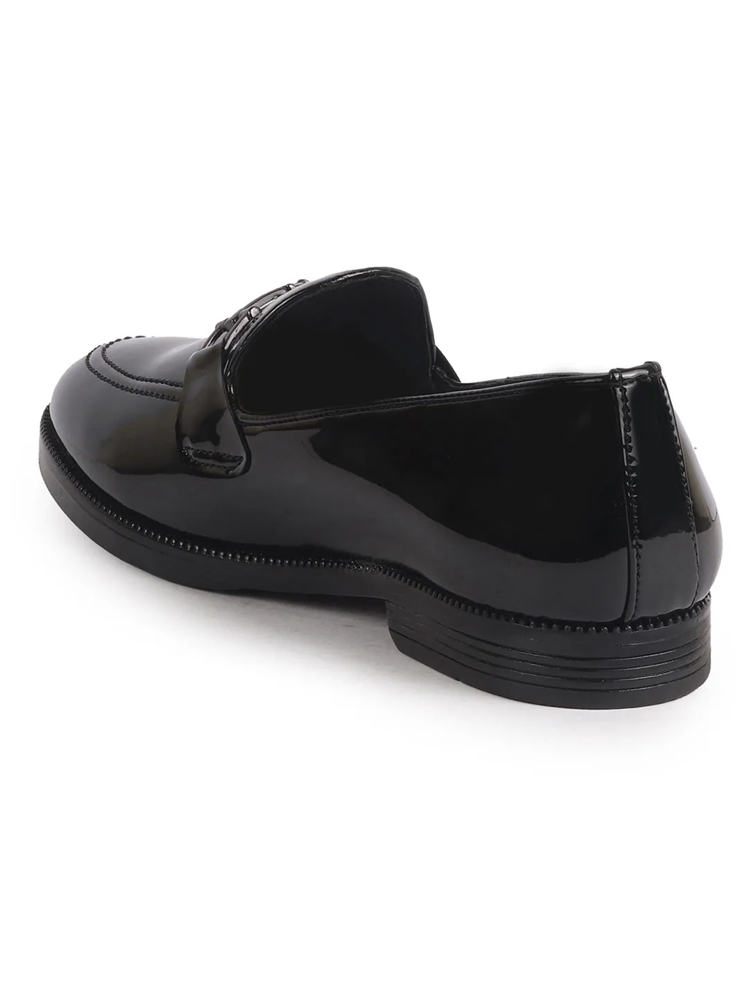 Men Black Patent Leather Horsebit Buckle TPR welted Sole Ethnic Slip On Shoes|Party Shoe|Anti Skid Sole