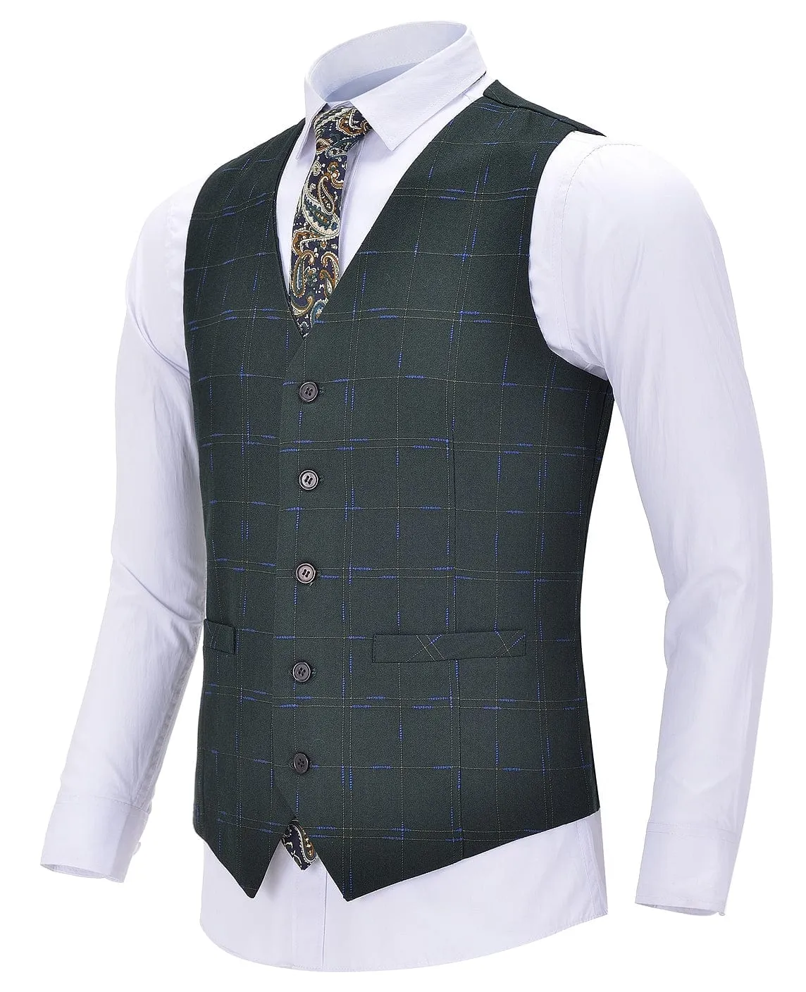 Men Formal V Neck Vest 5 Buttons Plaid Waistcoat