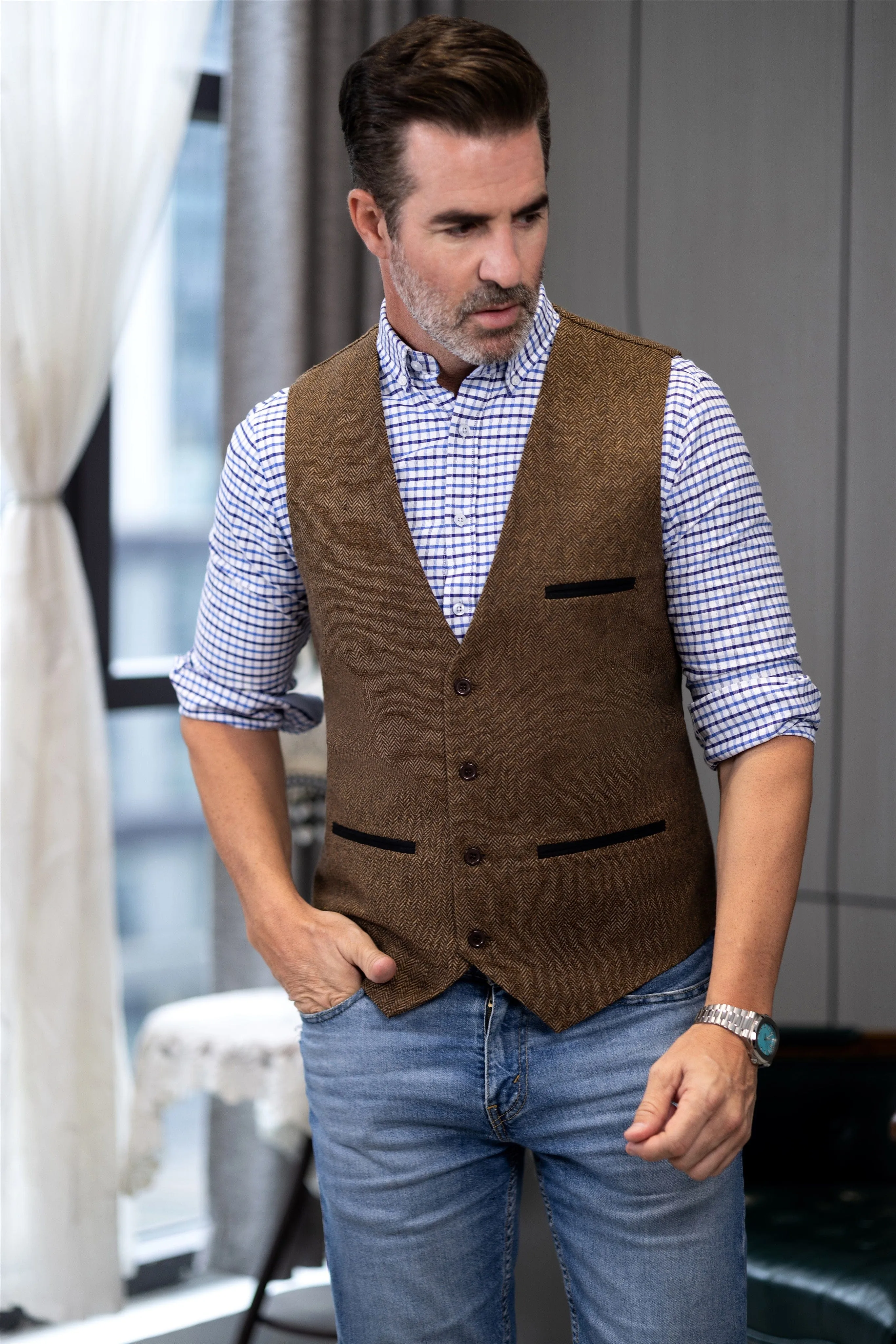 Men's Fashion Herringbone V Neck Waistcoat