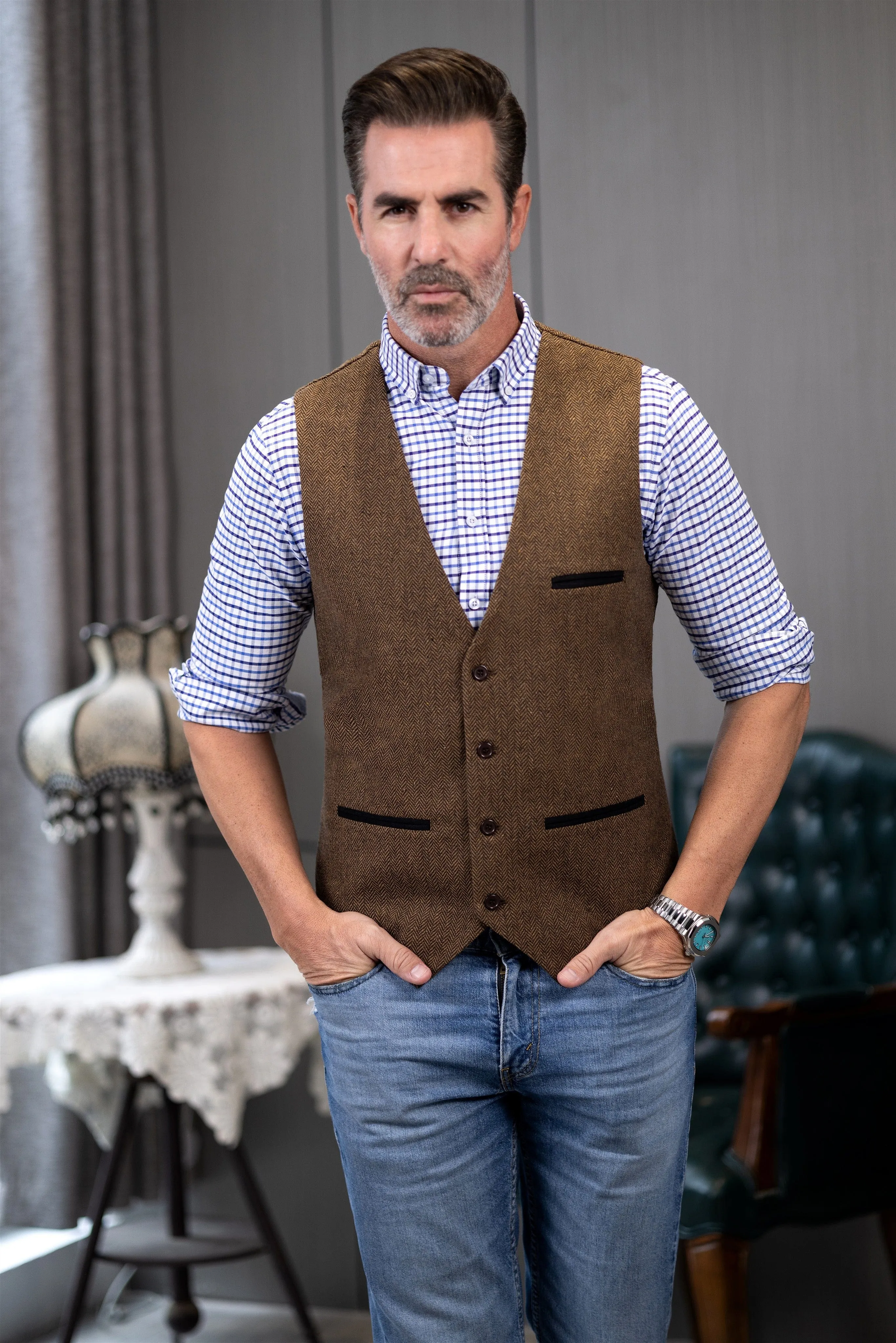 Men's Fashion Herringbone V Neck Waistcoat