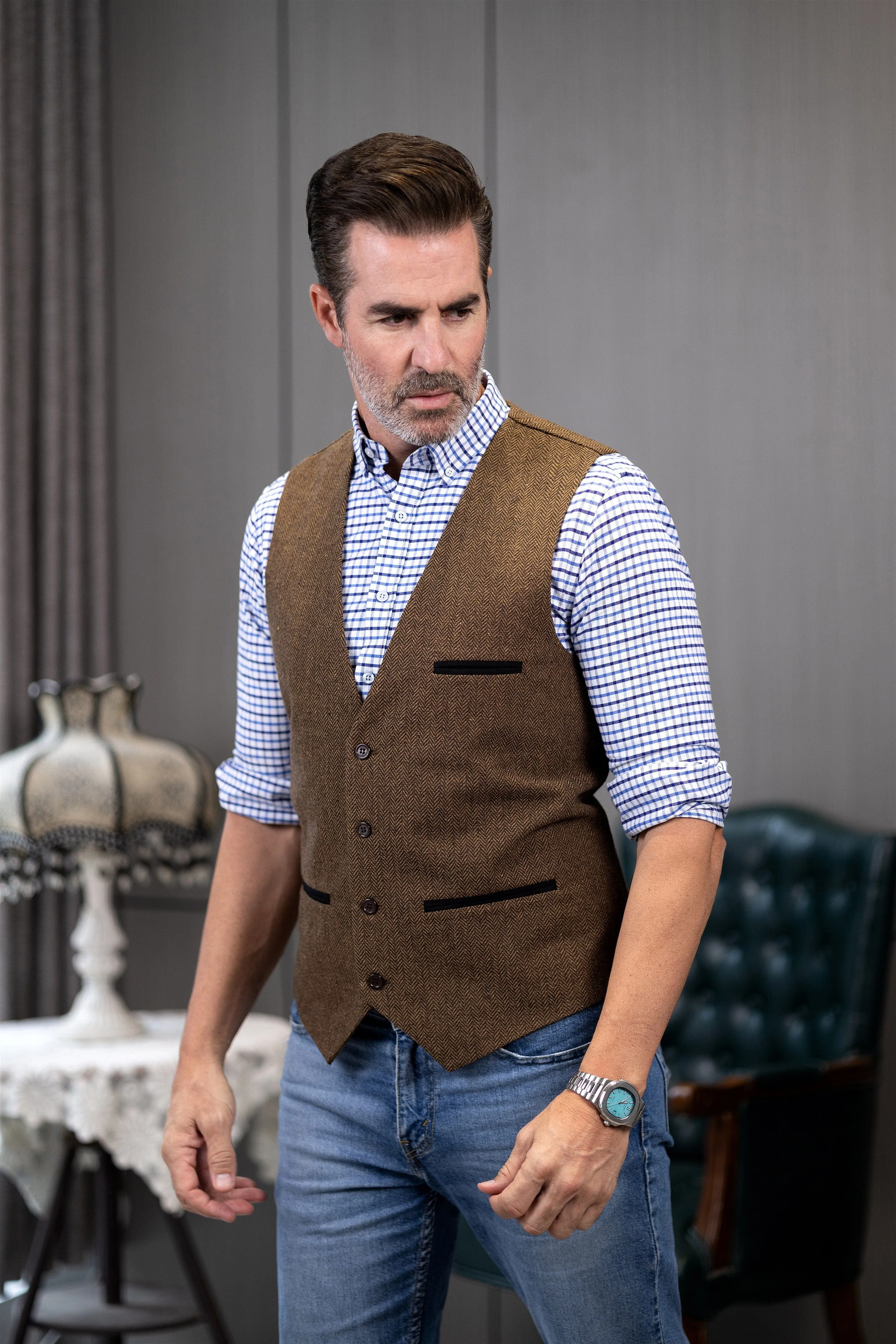 Men's Fashion Herringbone V Neck Waistcoat