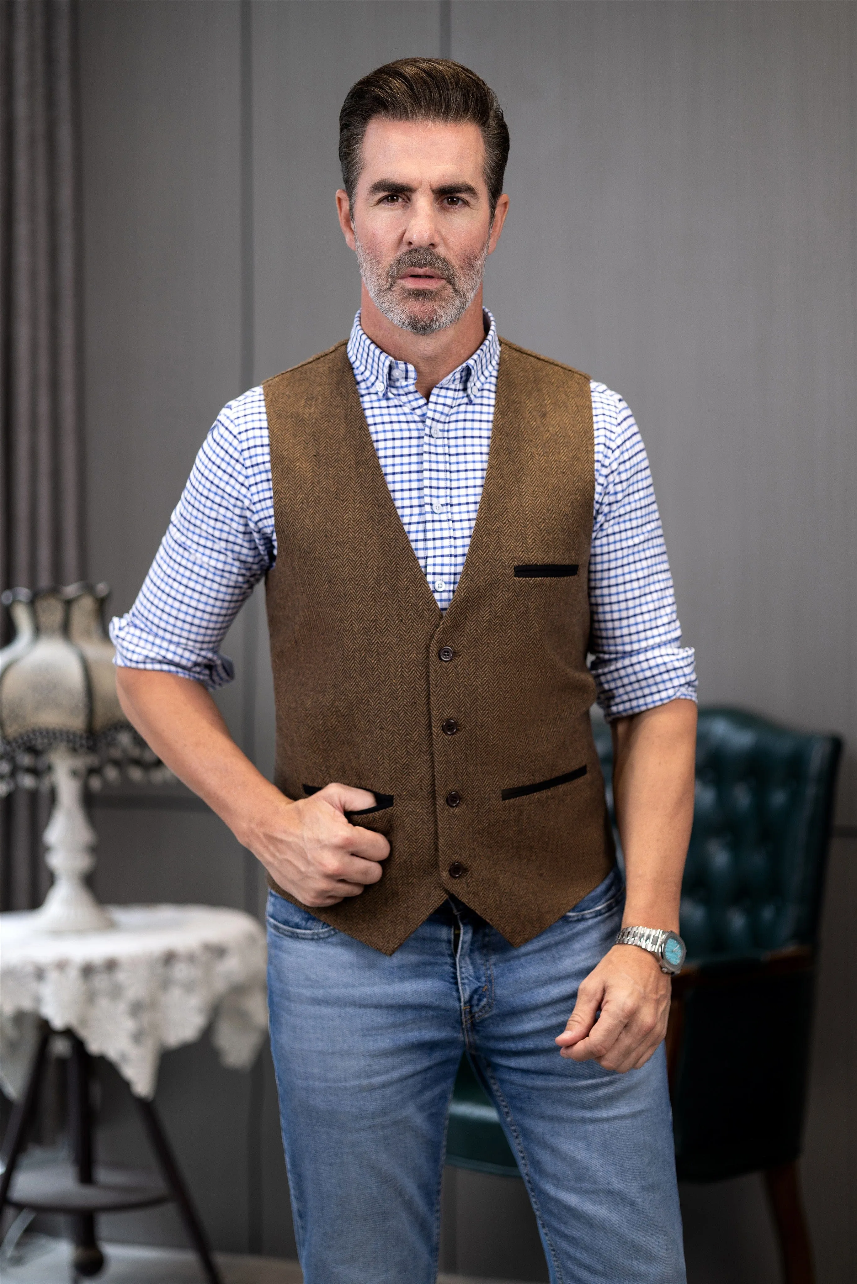 Men's Fashion Herringbone V Neck Waistcoat