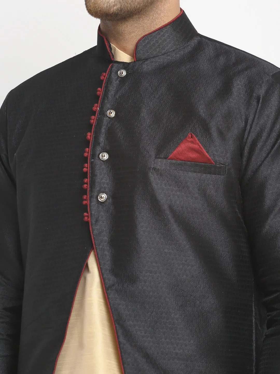 Men's Gold Kurta With Pyjama & Black Self Design Jacket - Benstoke