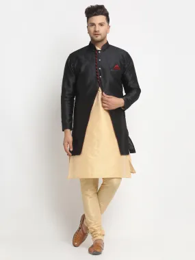 Men's Gold Kurta With Pyjama & Black Self Design Jacket - Benstoke