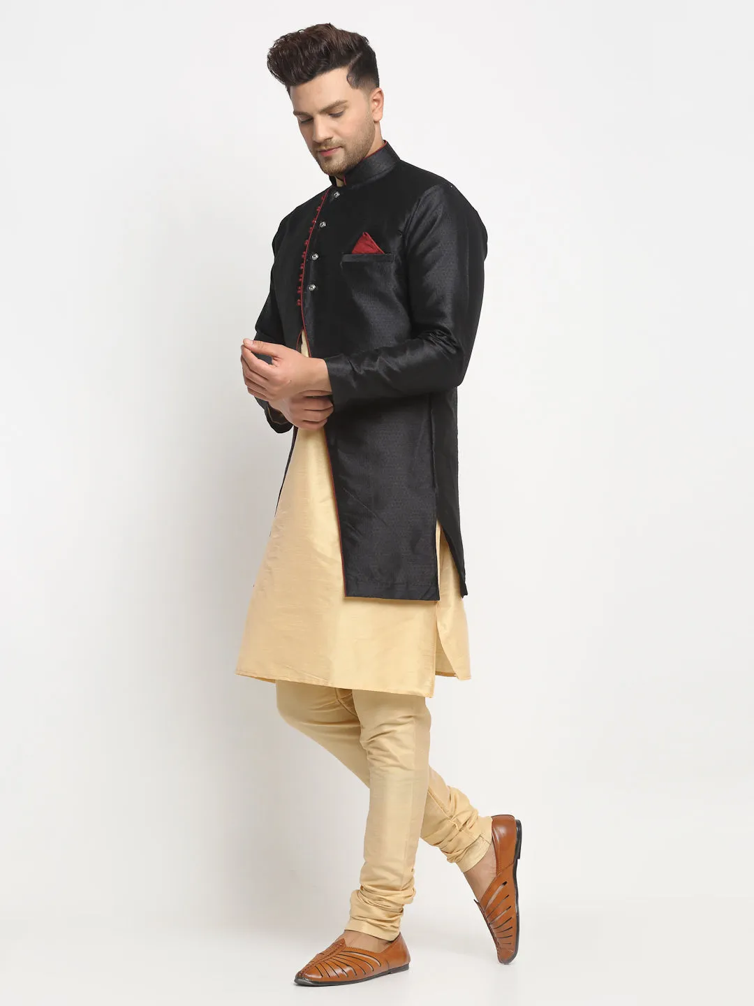 Men's Gold Kurta With Pyjama & Black Self Design Jacket - Benstoke