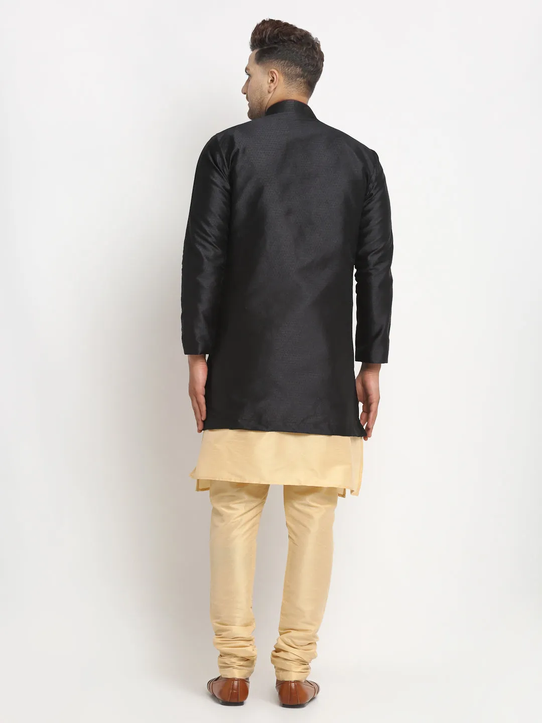 Men's Gold Kurta With Pyjama & Black Self Design Jacket - Benstoke