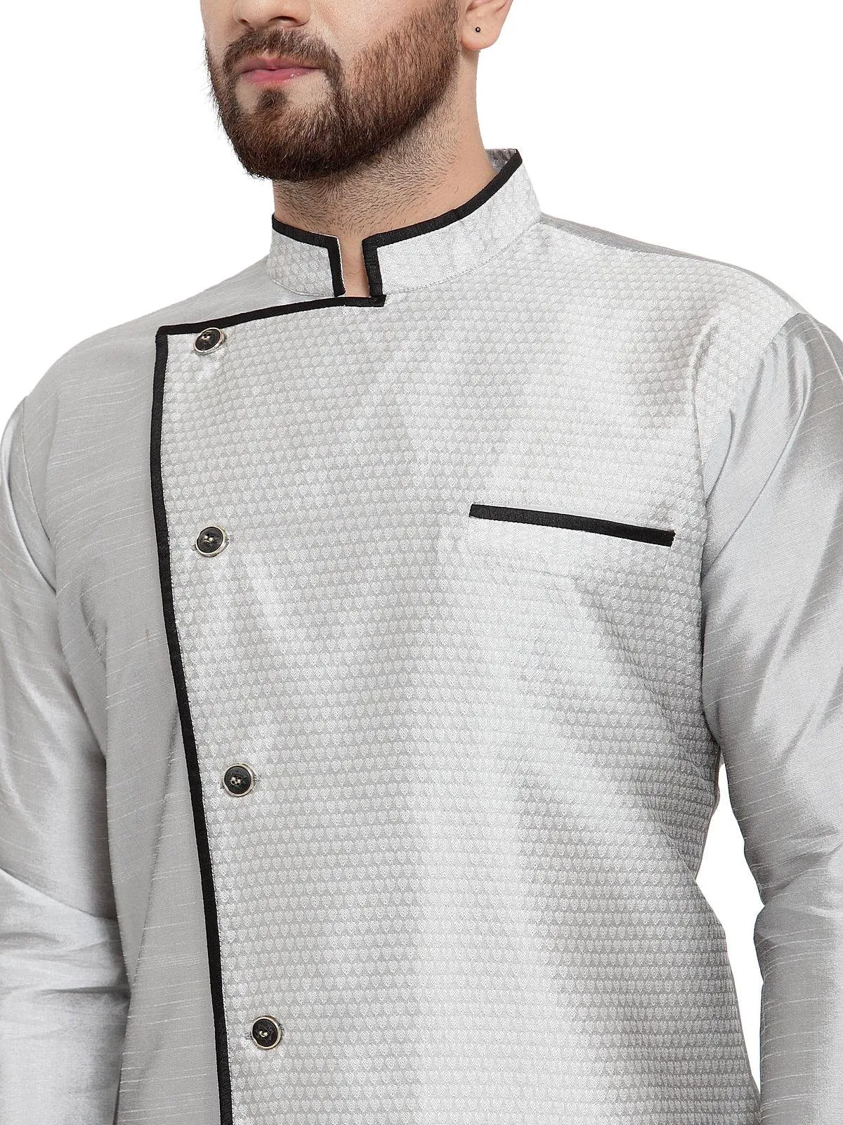 Men's Grey Self Design Kurta With Black Churidaar Pyjama - Benstoke