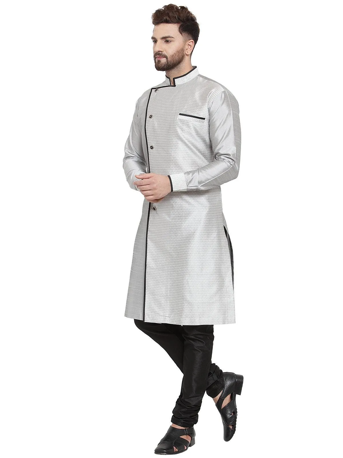 Men's Grey Self Design Kurta With Black Churidaar Pyjama - Benstoke