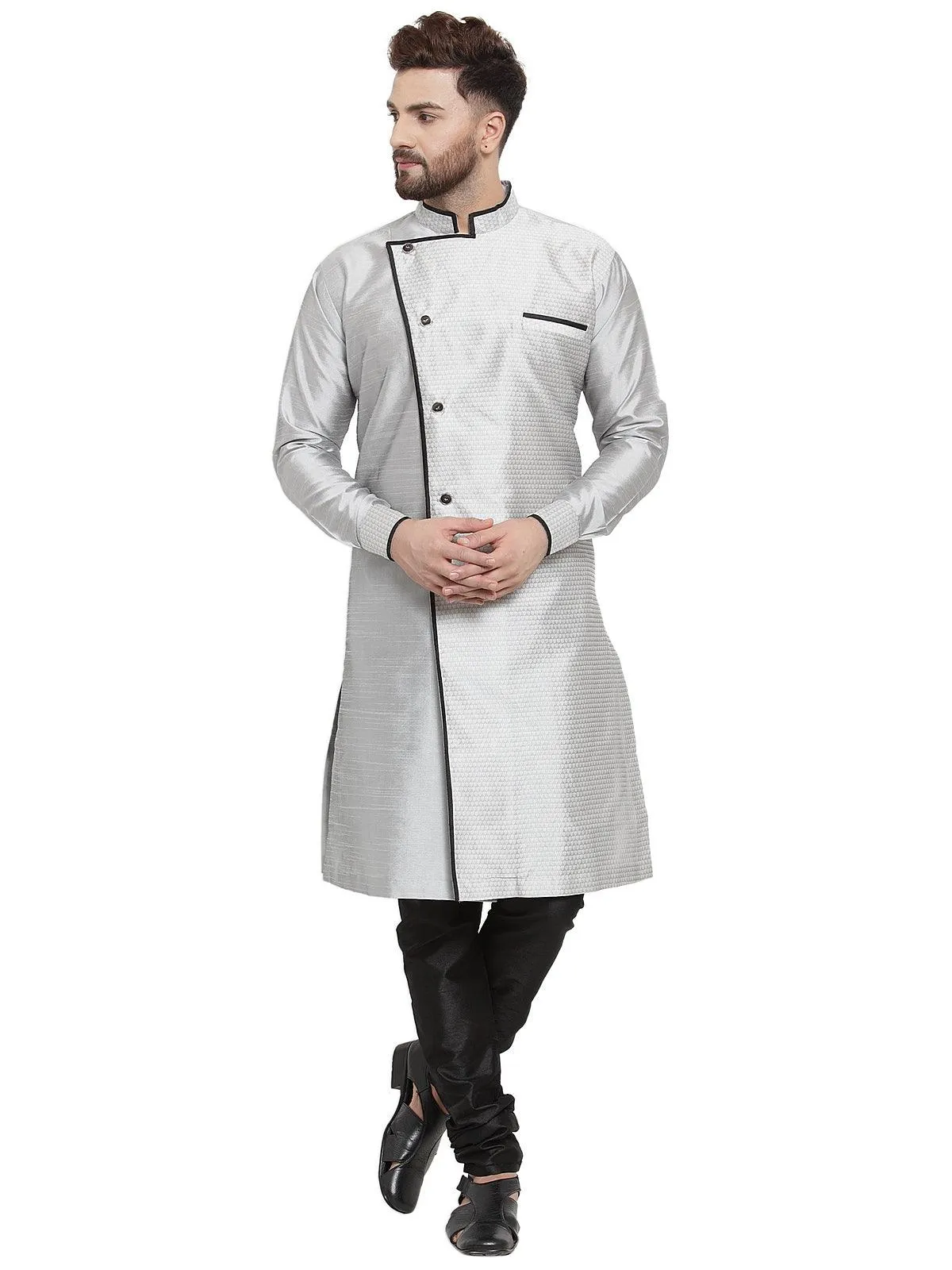 Men's Grey Self Design Kurta With Black Churidaar Pyjama - Benstoke