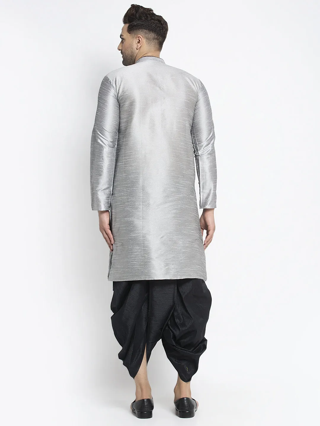 Men's Grey Solid Kurta With Black Dhoti Pant - Benstoke