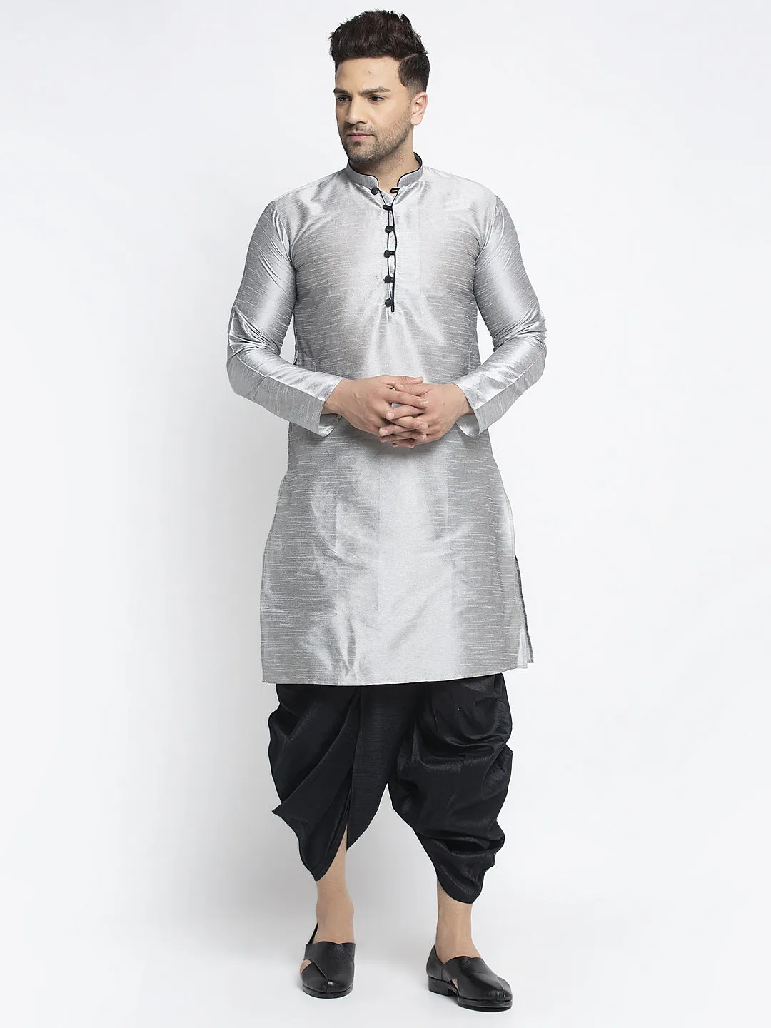 Men's Grey Solid Kurta With Black Dhoti Pant - Benstoke