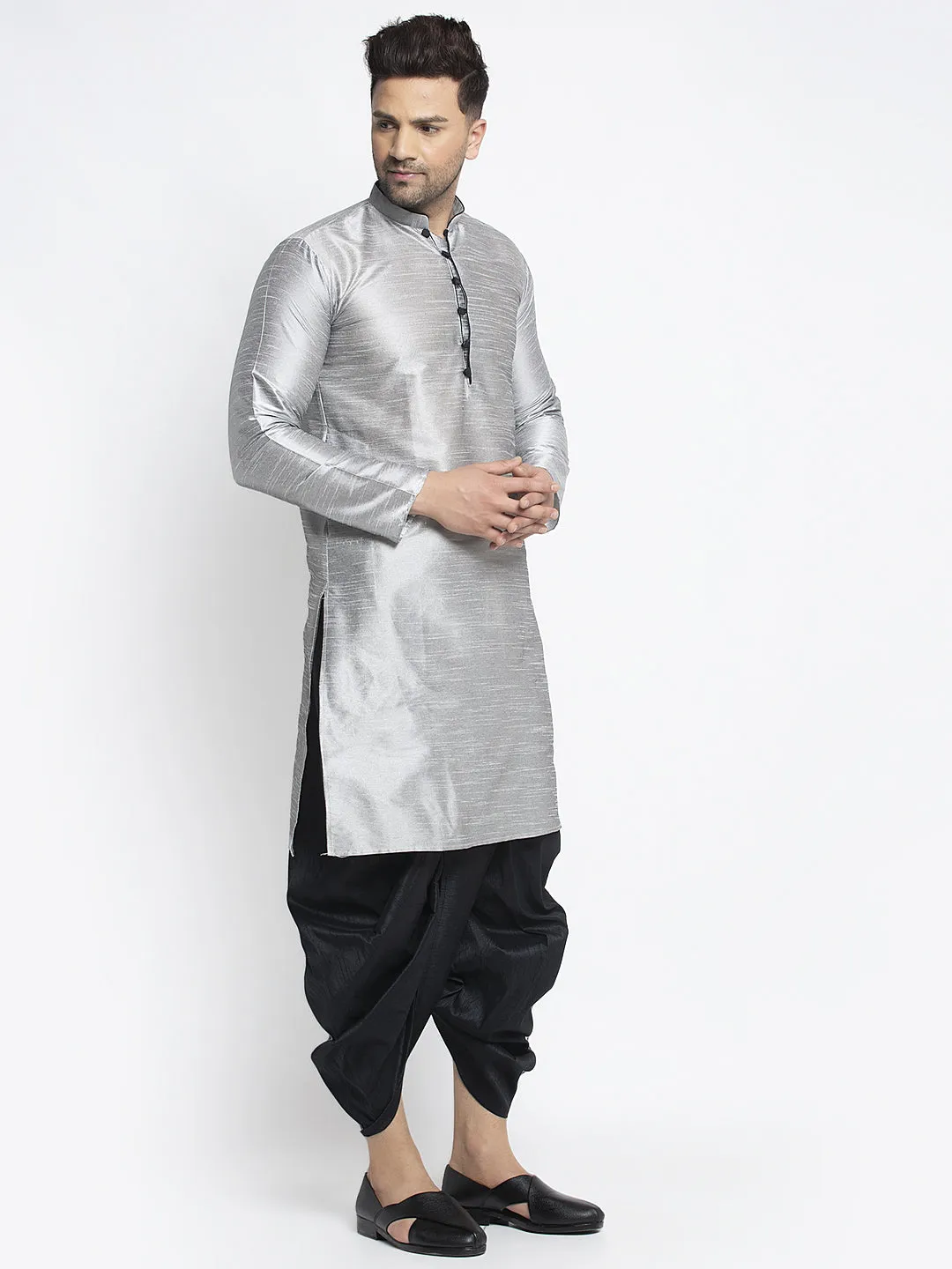 Men's Grey Solid Kurta With Black Dhoti Pant - Benstoke