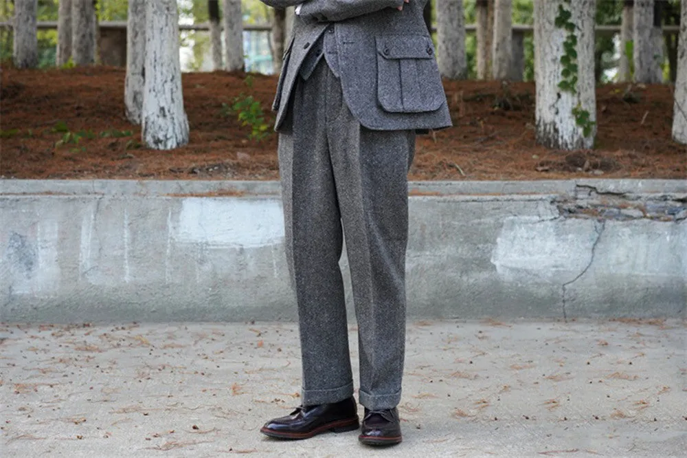 Men's Grey Speckled Tweed Pleated Pants