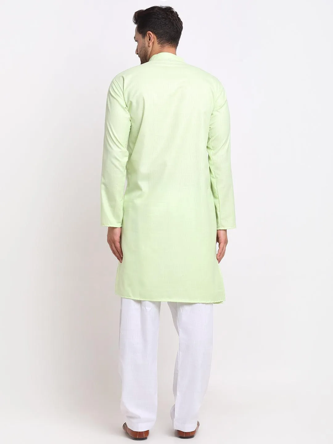 Men's Lime Green Solid Pathani Kurta With White Salwar - Benstoke