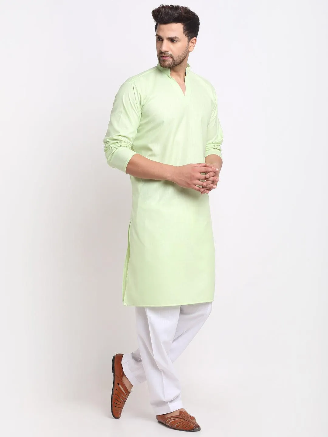 Men's Lime Green Solid Pathani Kurta With White Salwar - Benstoke