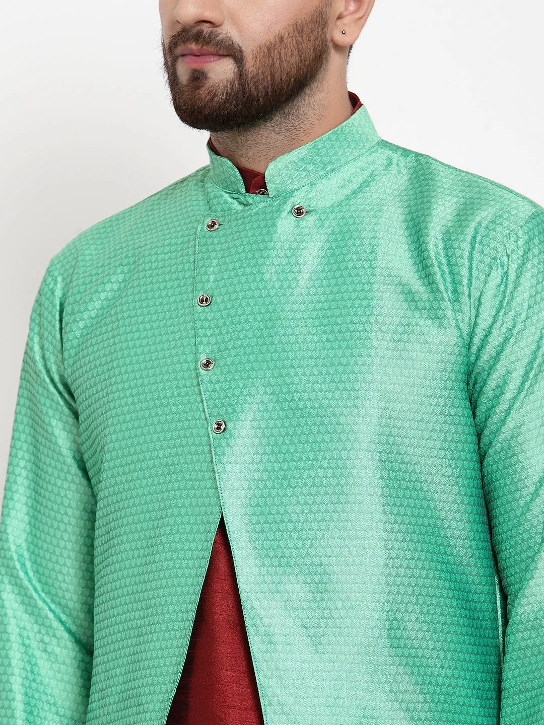 Men's Maroon Kurta With Pyjama & Sea Green Self Design Jacket - Benstoke