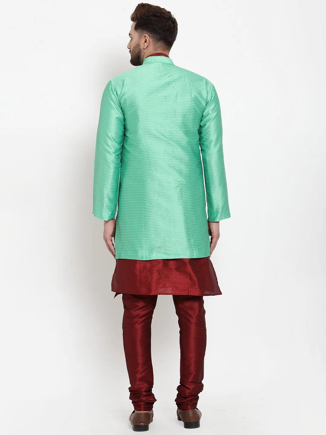 Men's Maroon Kurta With Pyjama & Sea Green Self Design Jacket - Benstoke