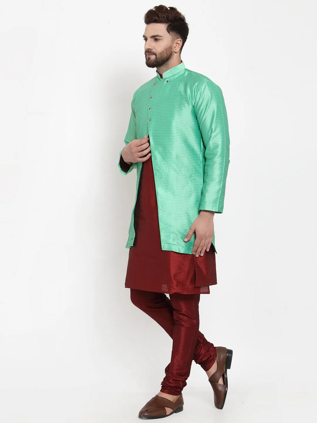 Men's Maroon Kurta With Pyjama & Sea Green Self Design Jacket - Benstoke