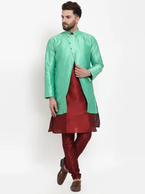 Men's Maroon Kurta With Pyjama & Sea Green Self Design Jacket - Benstoke