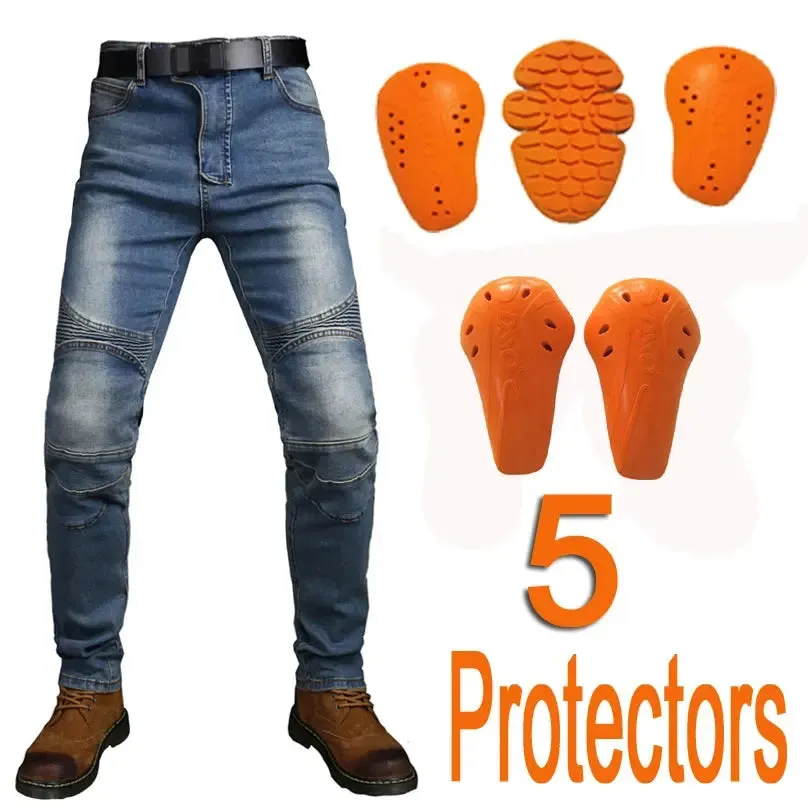 Men's Motorcycle Racing Pants Tight Blue Motorcycle Elastic Jeans With Pads Tight Motorcycle Slim Jeans