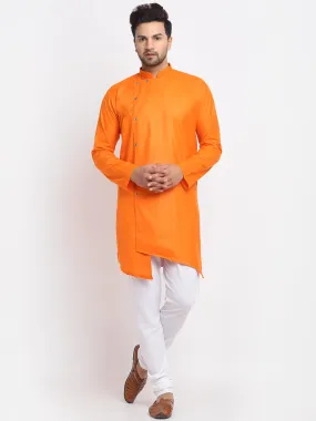 Men's Orange Solid Angrakha Kurta With White Churidaar Pyjama - Benstoke