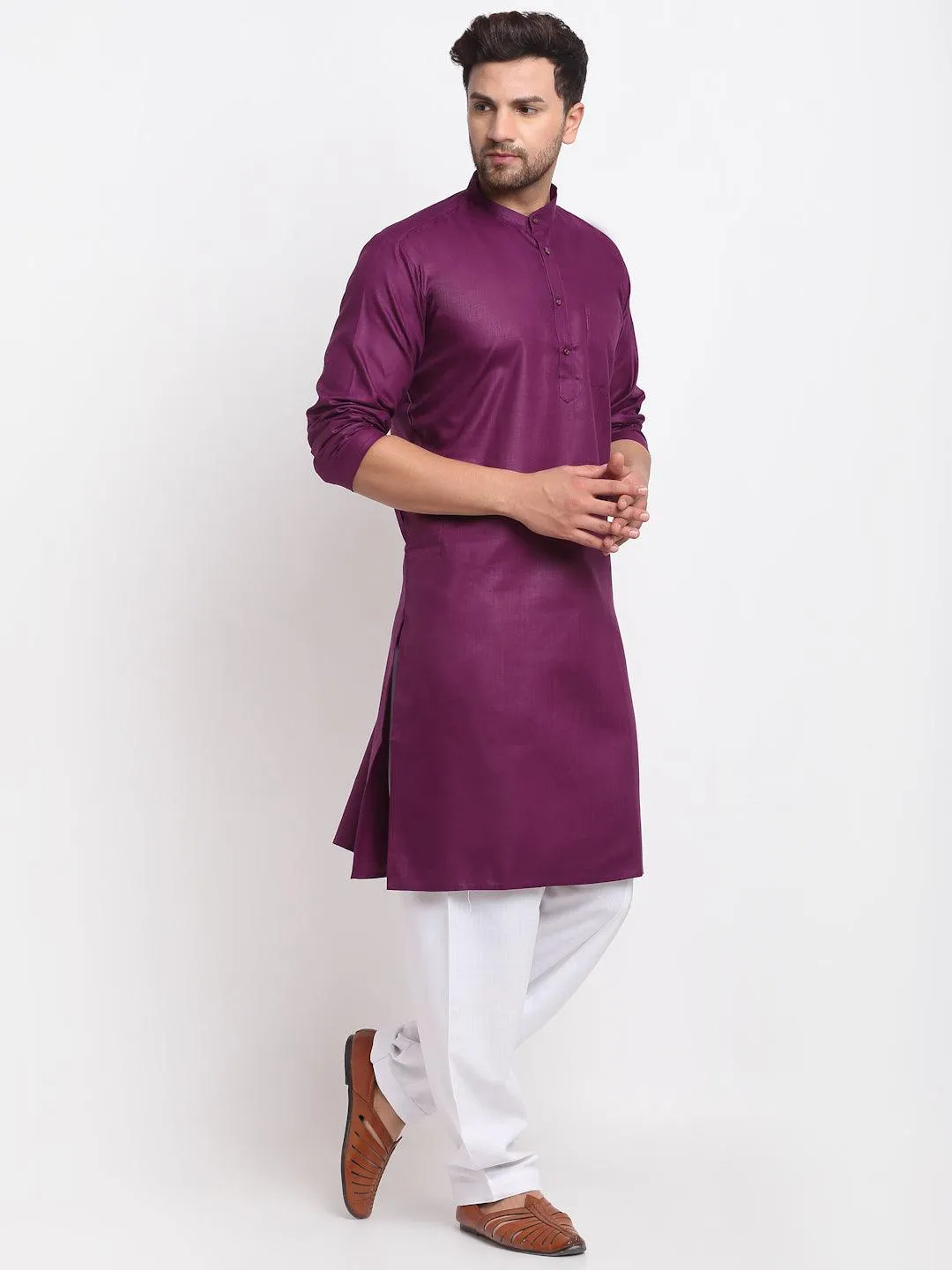 Men's Purple Solid Kurta With White Salwar - Benstoke