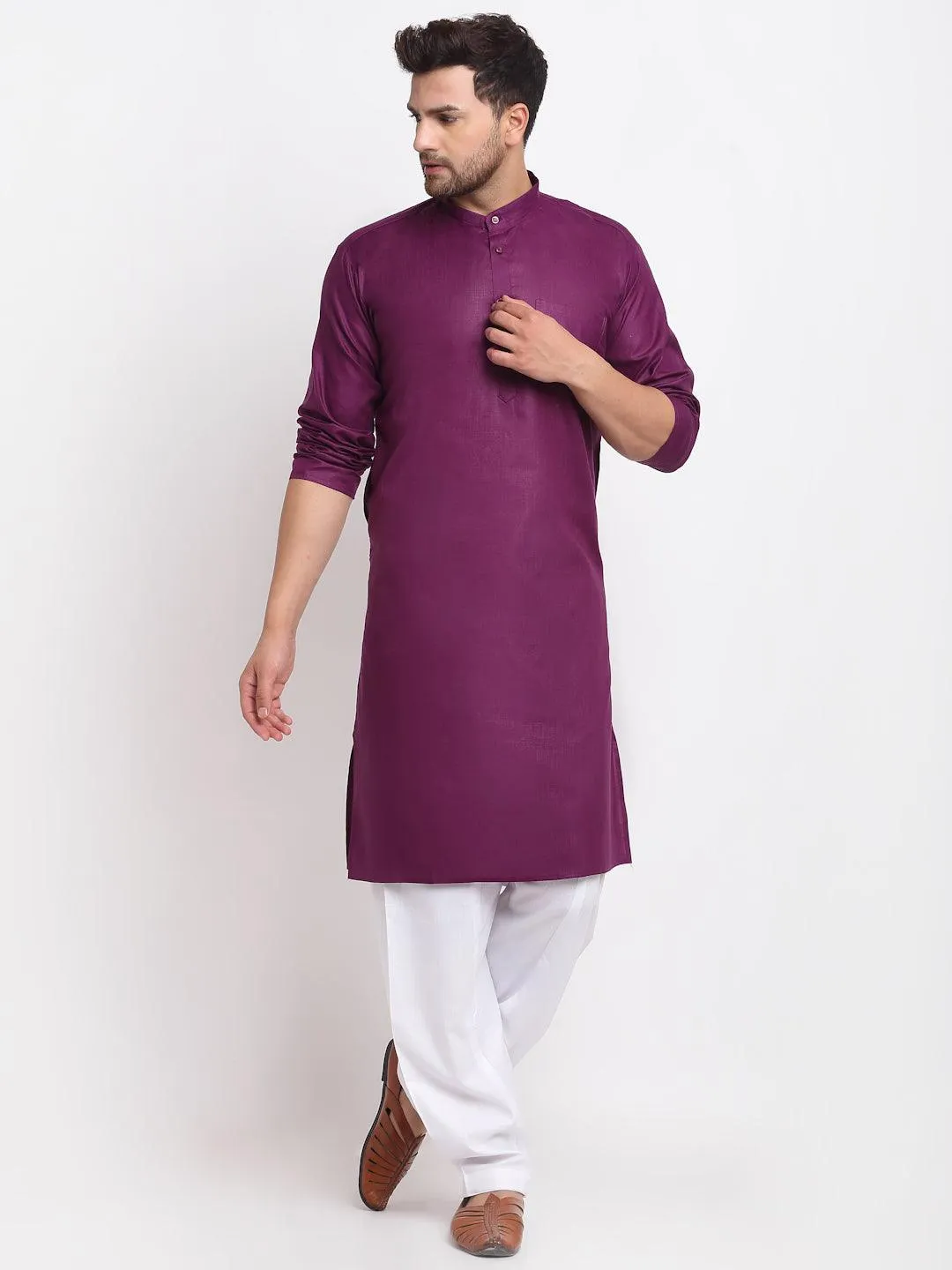 Men's Purple Solid Kurta With White Salwar - Benstoke