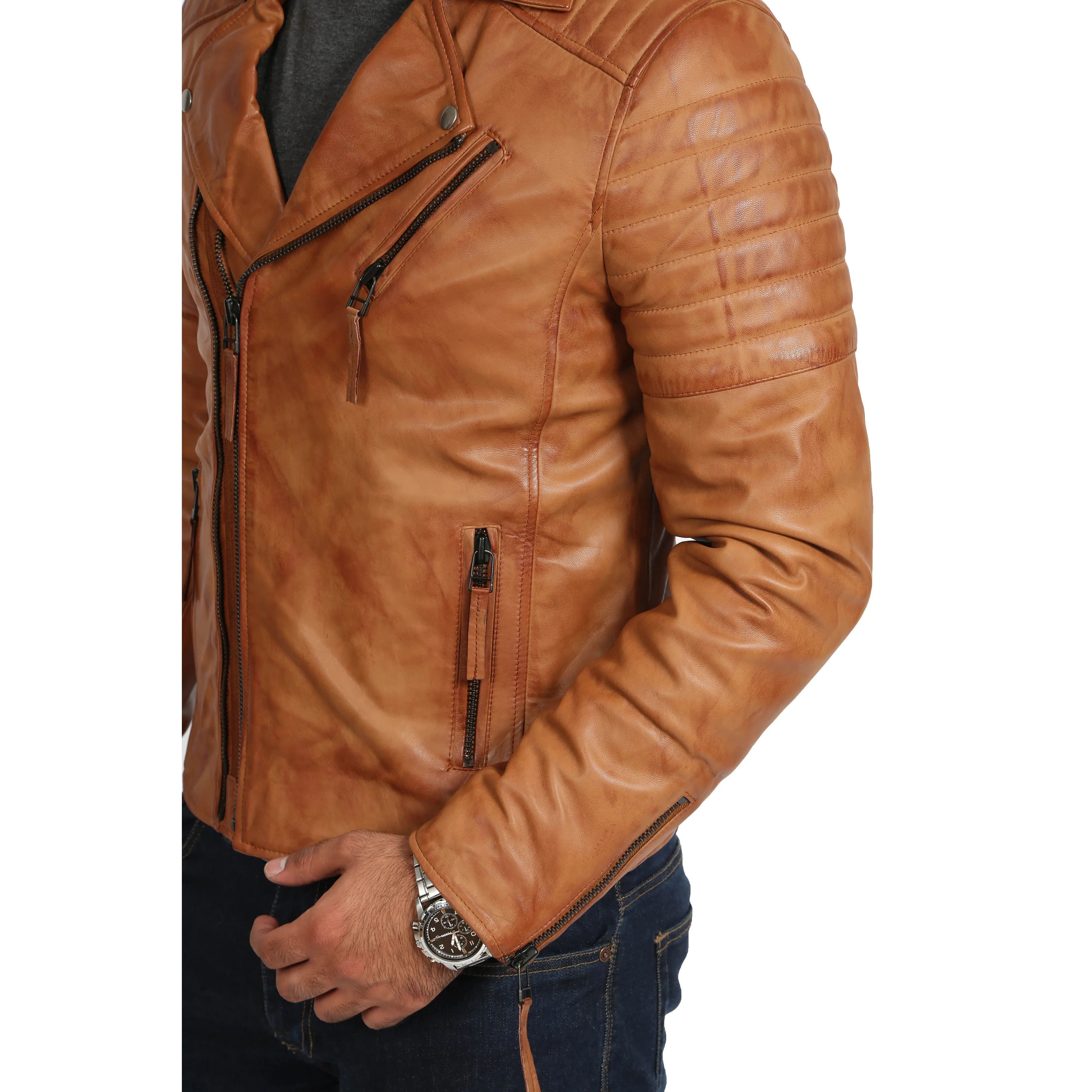 Mens Real Leather Biker Jacket Slim Fit Max Tan