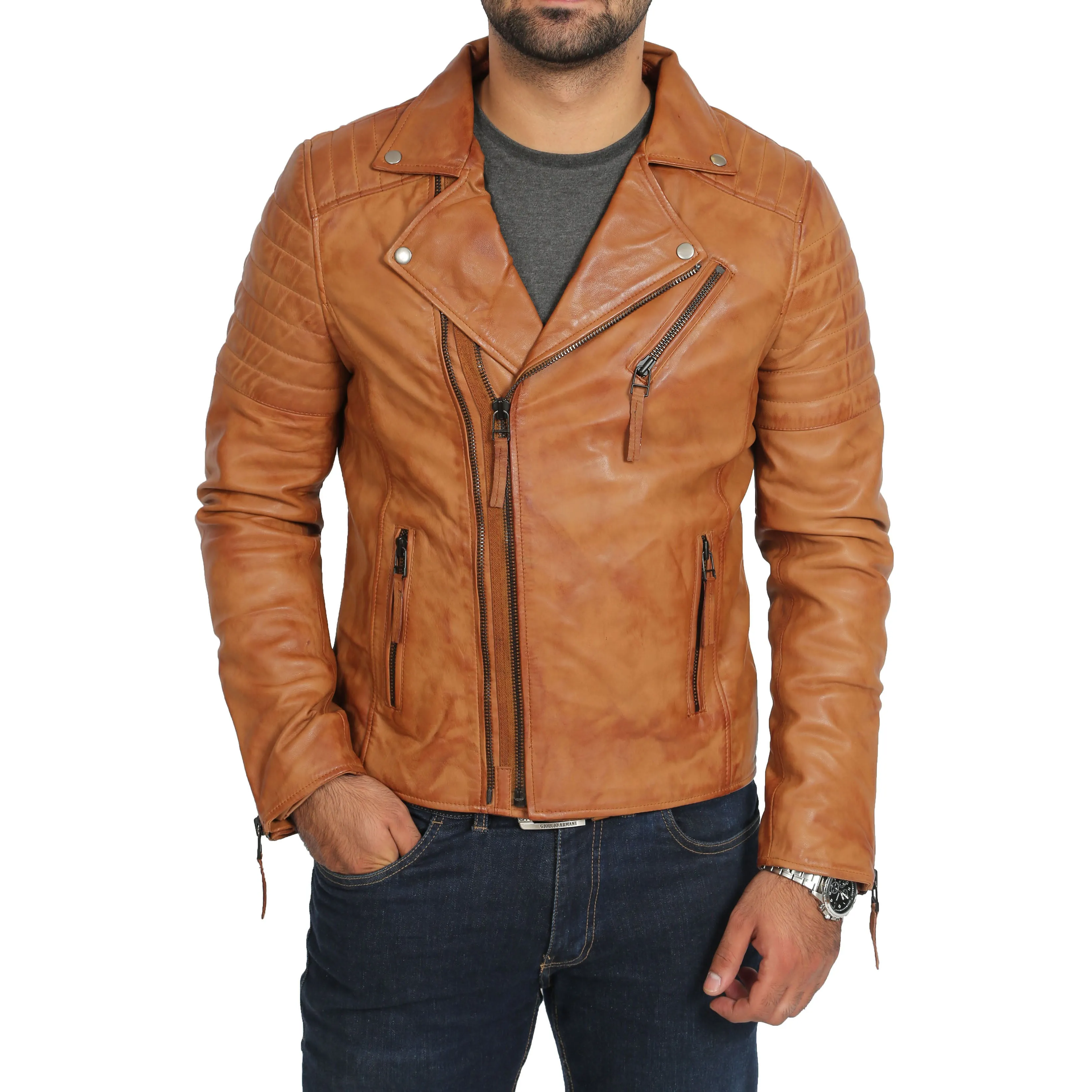 Mens Real Leather Biker Jacket Slim Fit Max Tan