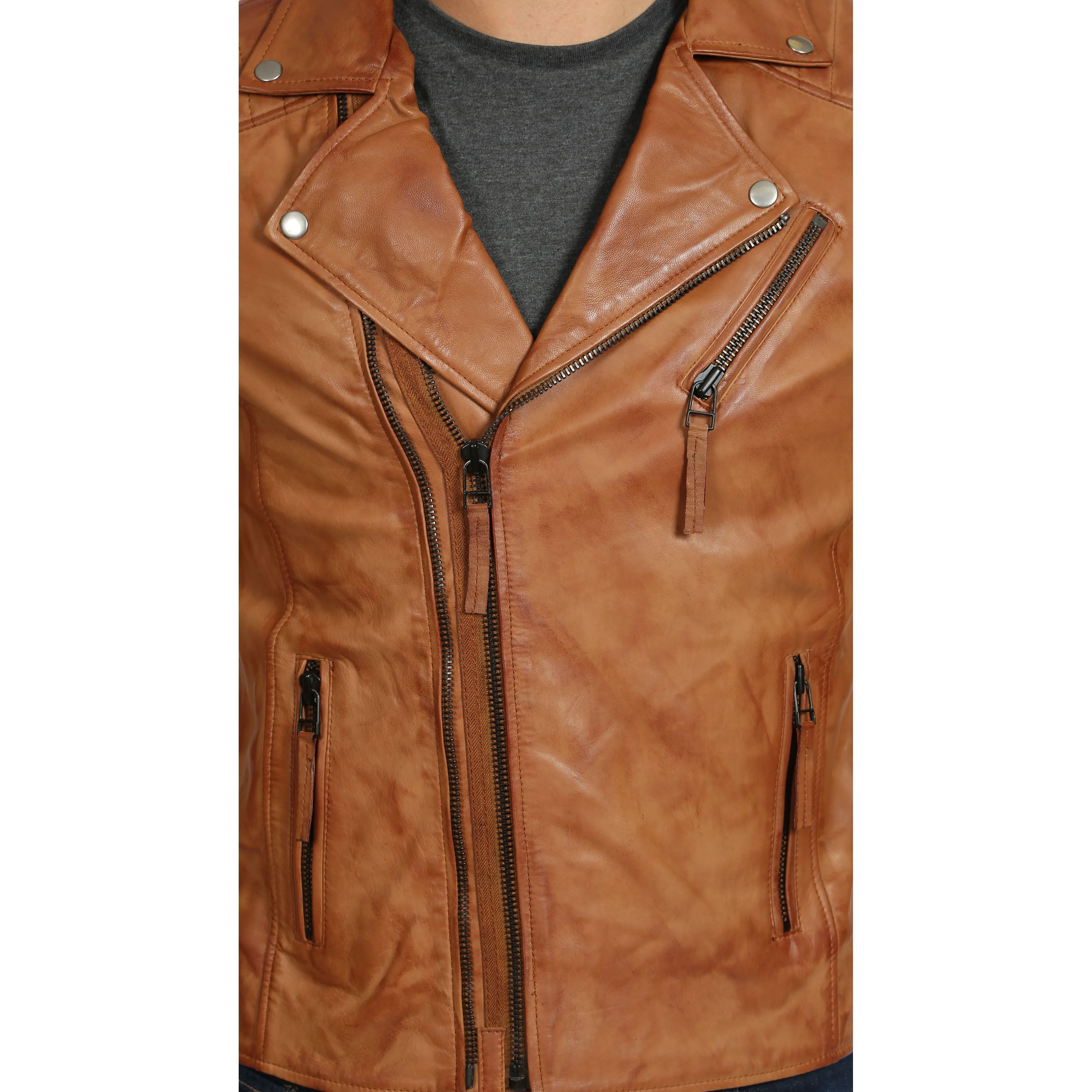 Mens Real Leather Biker Jacket Slim Fit Max Tan