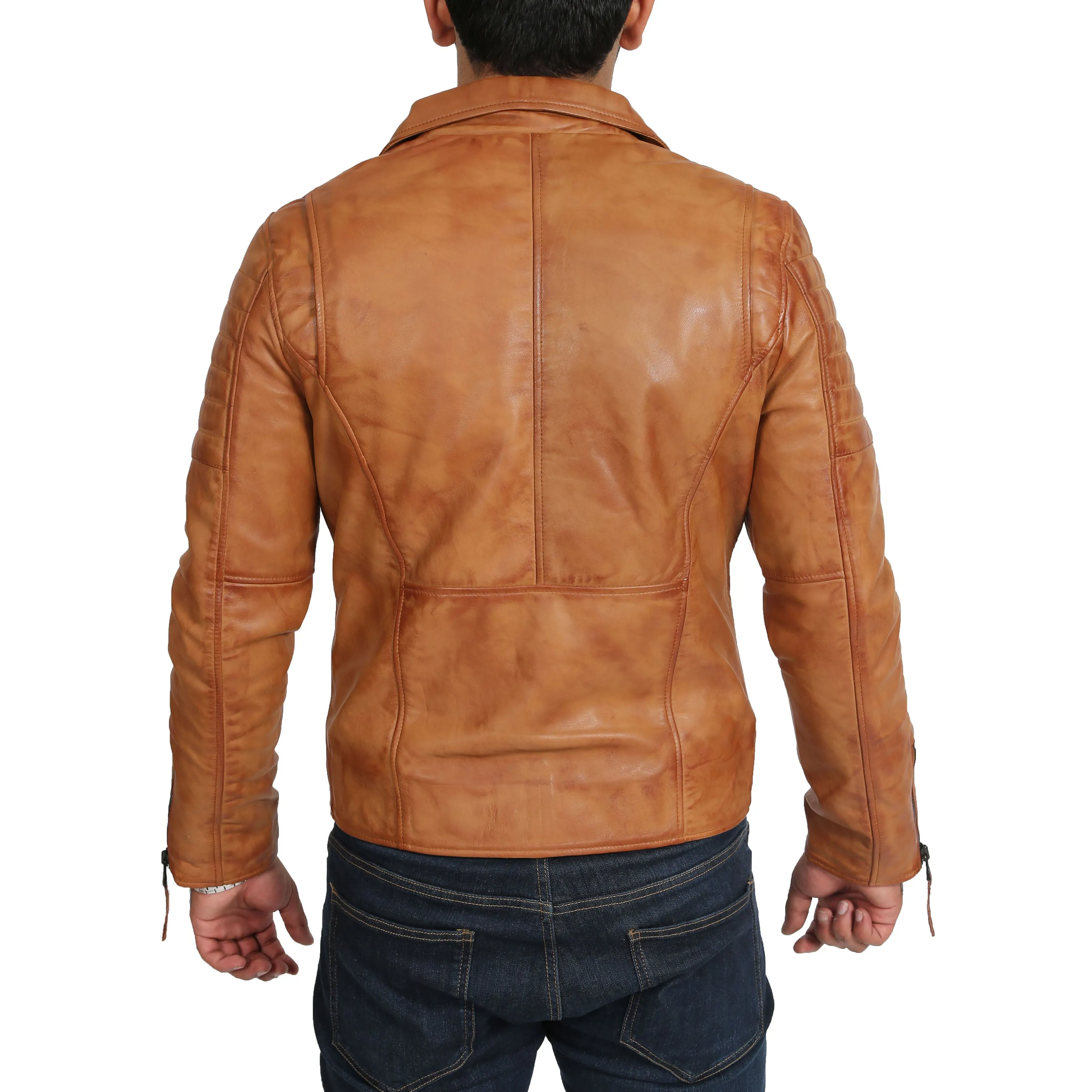 Mens Real Leather Biker Jacket Slim Fit Max Tan