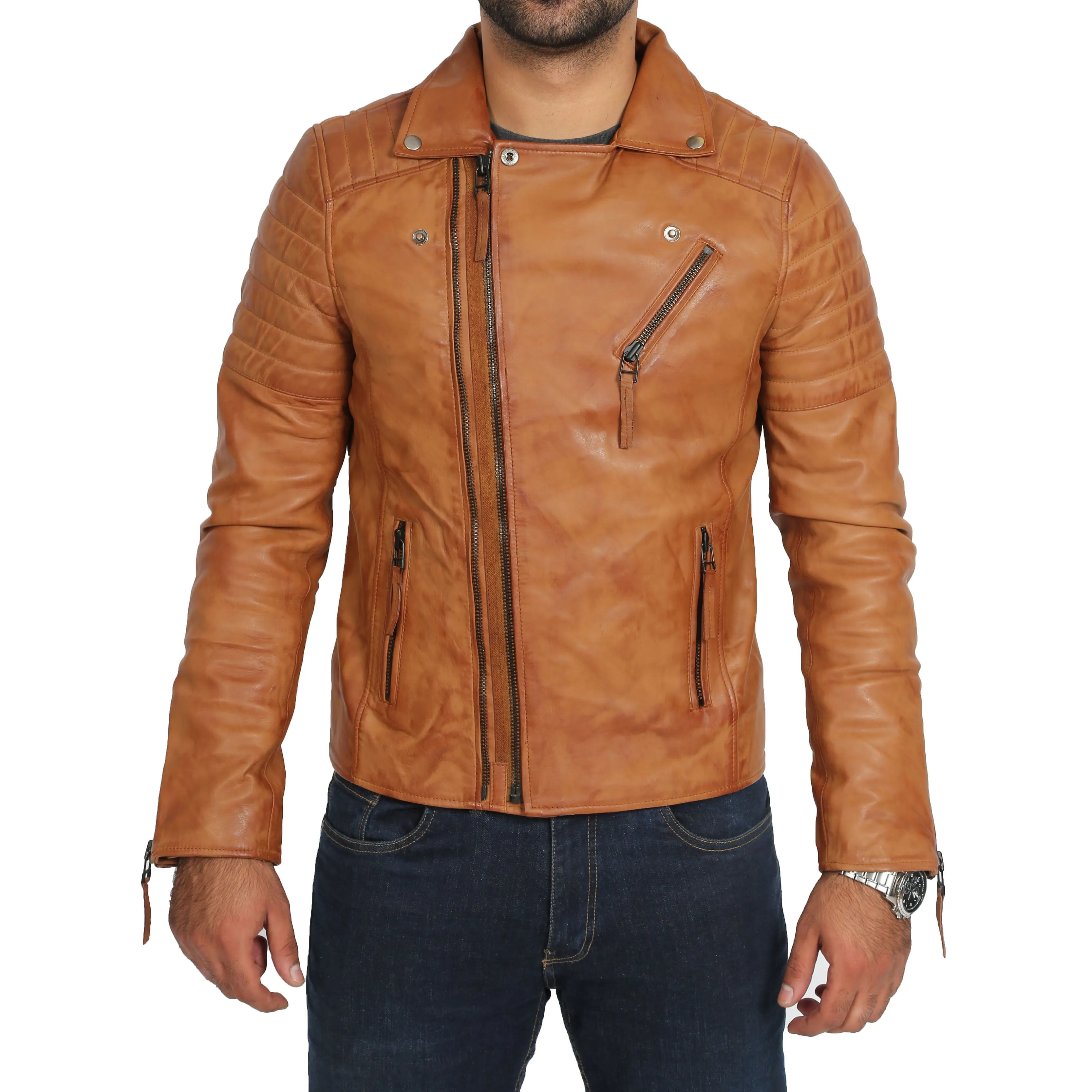 Mens Real Leather Biker Jacket Slim Fit Max Tan