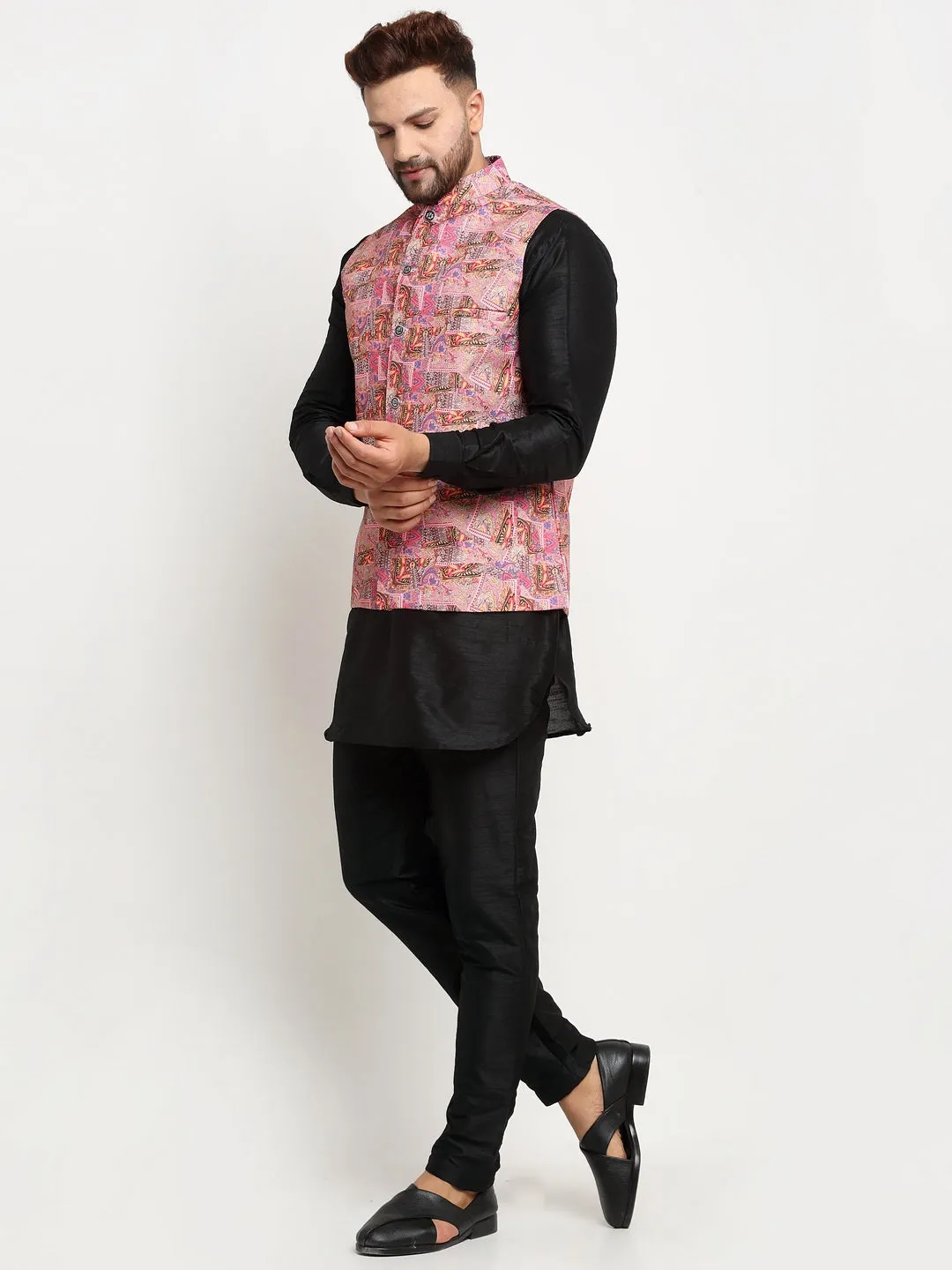 Men's Silk Blend Black Kurta With Pyjama & Pink Printed Nehru Jacket - Benstoke