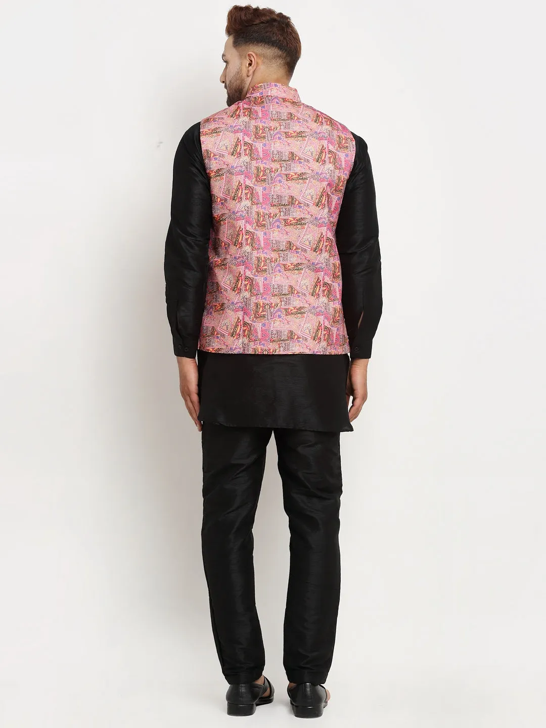 Men's Silk Blend Black Kurta With Pyjama & Pink Printed Nehru Jacket - Benstoke